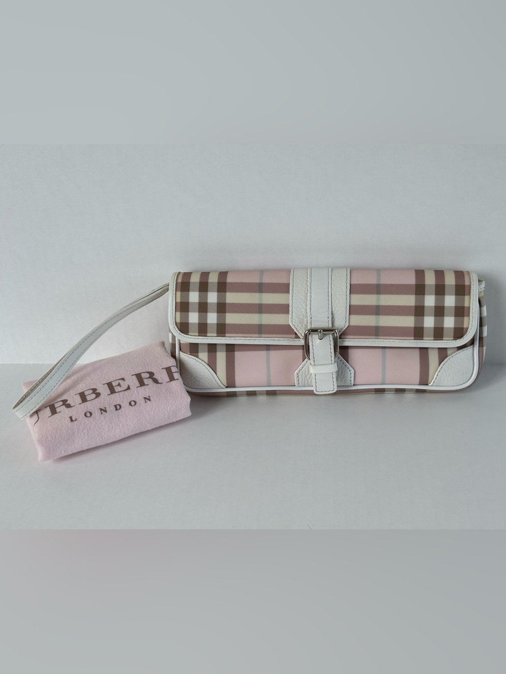 Burberry Pink and White Check Leather Wristlet Clutch - Picture 1 of 10